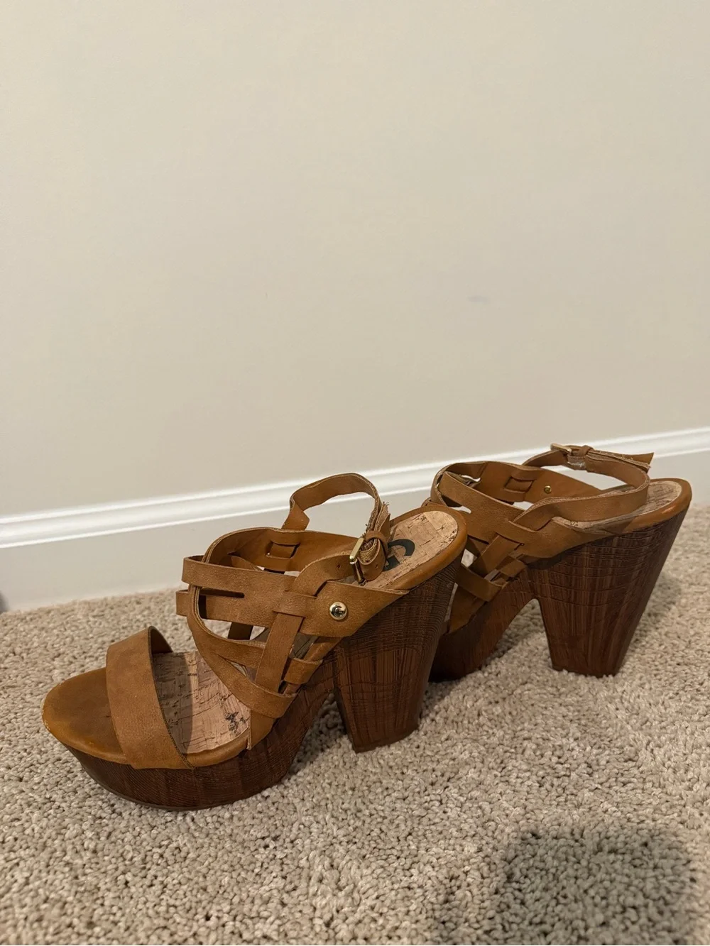G by Guess Women’s Tan Wedge Strappy Sandals